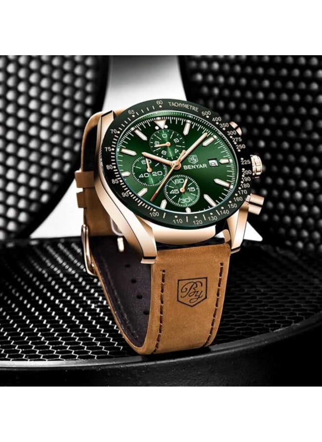Mens Watch Waterproof Chronograph Date Watch for Men Brown Leather Strap Quartz Movement Analog Watch Business Casual Gift for Men