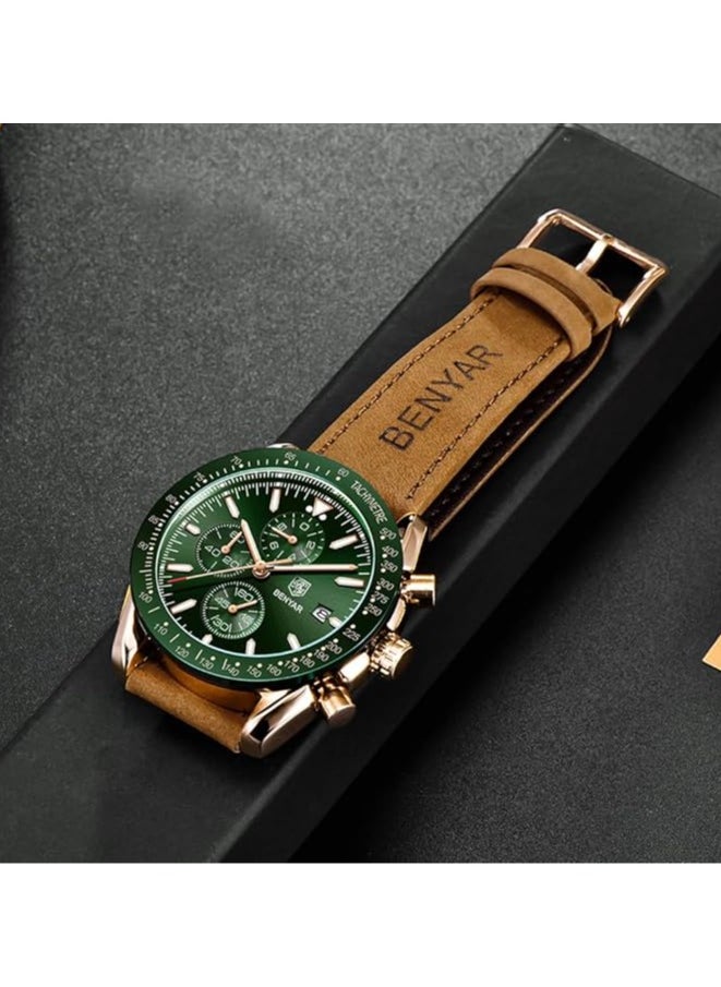 Mens Watch Waterproof Chronograph Date Watch for Men Brown Leather Strap Quartz Movement Analog Watch Business Casual Gift for Men