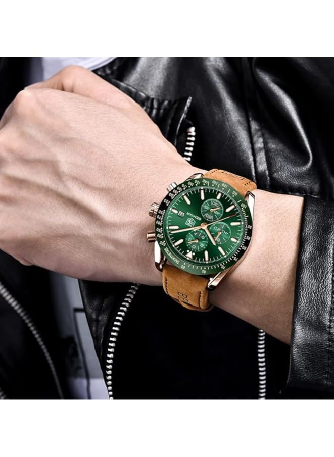 Mens Watch Waterproof Chronograph Date Watch for Men Brown Leather Strap Quartz Movement Analog Watch Business Casual Gift for Men