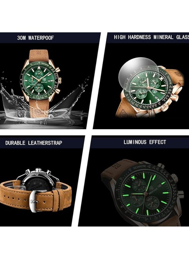Mens Watch Waterproof Chronograph Date Watch for Men Brown Leather Strap Quartz Movement Analog Watch Business Casual Gift for Men