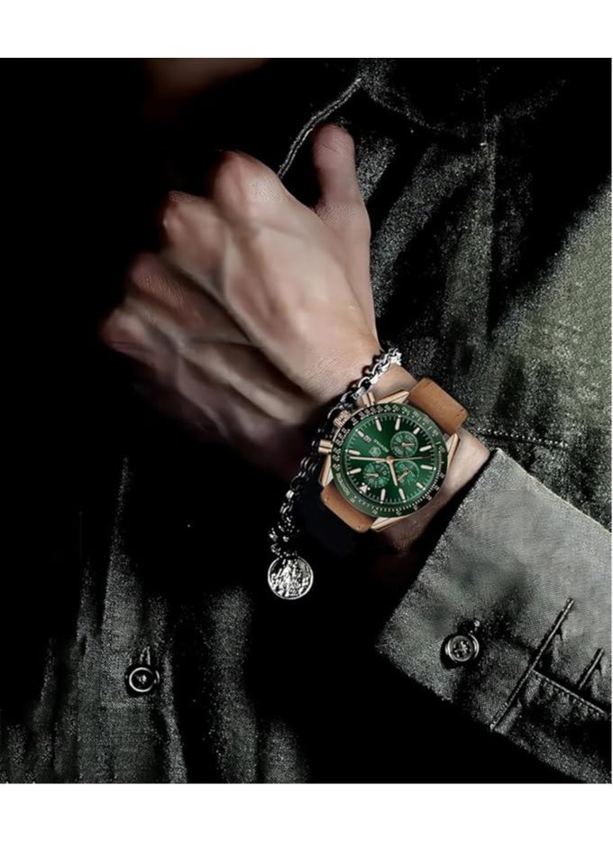 Mens Watch Waterproof Chronograph Date Watch for Men Brown Leather Strap Quartz Movement Analog Watch Business Casual Gift for Men