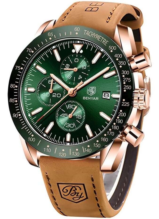 Mens Watch Waterproof Chronograph Date Watch for Men Brown Leather Strap Quartz Movement Analog Watch Business Casual Gift for Men