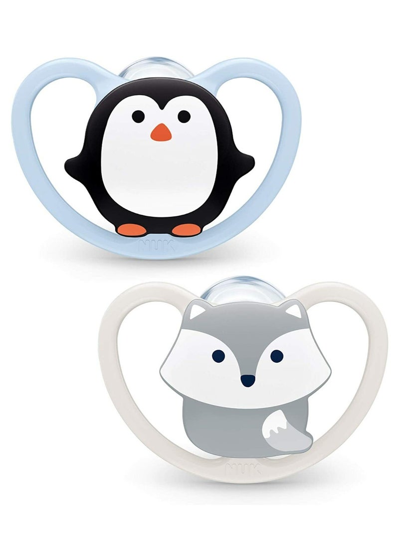 Space Orthodontic Silicone 0-6M Soother Penguin And Fox Pack Of 2