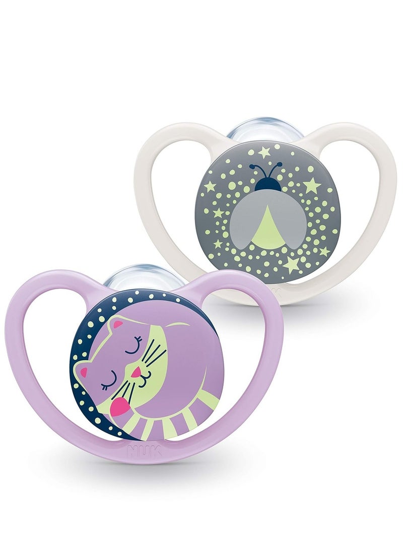 Space Orthodontic Silicone Soother (Night Glow In The Dark) BPA-Free Cat and Ladybug Pack Of 2