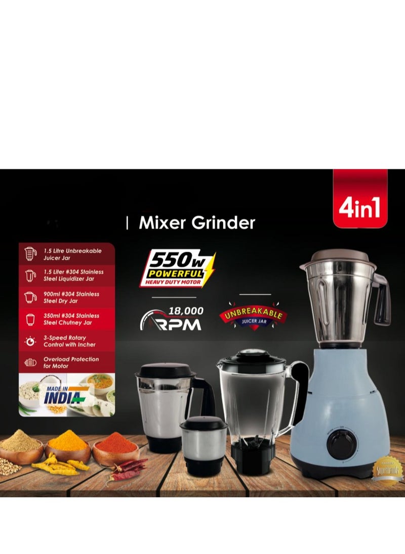 4-in-1 Mixer Grinder with Heavy-Duty Juice Jar, 500W Motor, 3 Stainless Steel Jars + 1 Unbreakable Blender Jar, 2 Years Warranty – Ideal for Grinding, Blending, Juicing