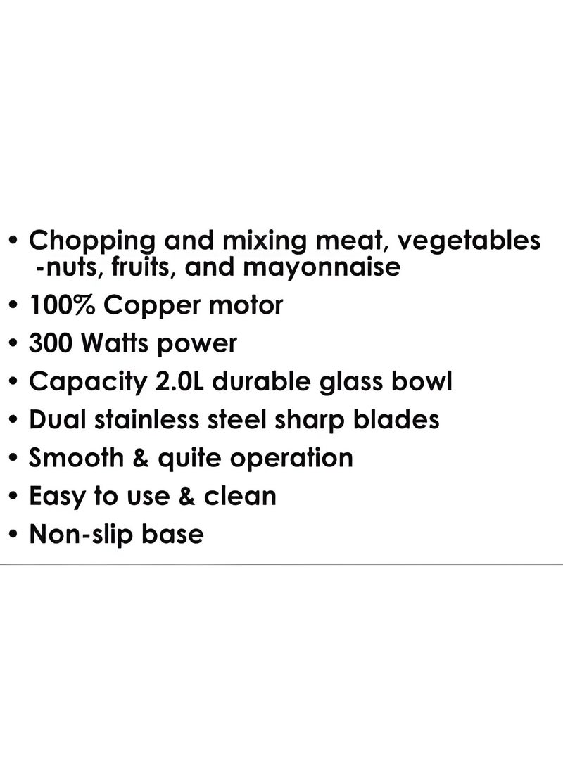 Electric Food Chopper 2L Glass Bowl | 2-Speed Adjustable Mini Food Processor | 4 Stainless Steel Blades | Powerful Meat Grinder & Vegetable Cutter