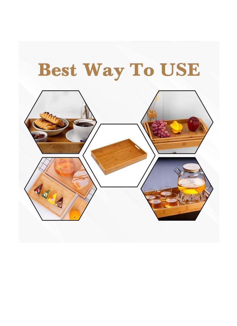 Bamboo Tray - 3 Pack Wooden Serving Tray With Handles - Rectangular, Natural, Bamboo, 100% - Large, Small, Medium - Breakfast, Food, Kitchen, Outdoors, Restaurants