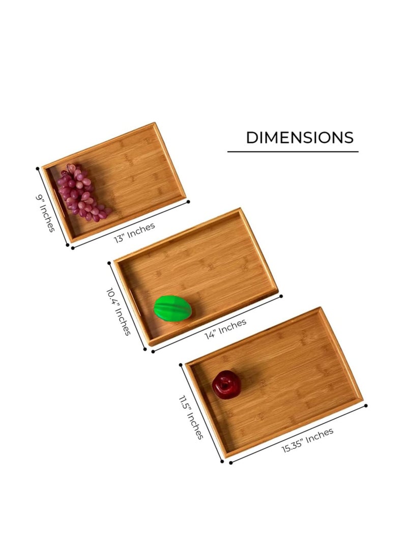 Bamboo Tray - 3 Pack Wooden Serving Tray With Handles - Rectangular, Natural, Bamboo, 100% - Large, Small, Medium - Breakfast, Food, Kitchen, Outdoors, Restaurants