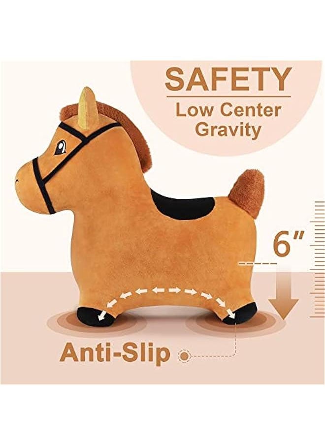 Bouncy Pals Brown Hopping Horse, Toddler Plush Animal Hopper Toy, Kids Inflatable Ride on Bouncer W/Pump, Indoor Outdoor Jumper, Birthday Gifts for 18 24 Months 2 3 Year Old Boys Girls