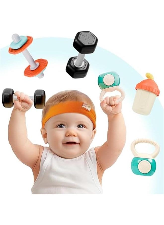 Baby First Gym Rattle Set, Infant Dumbbell Weights Teething Rattles 3-6-12 Month, Newborn Workout Sensory Stroller Toy, Babies Birthday Shower Gift 5 7 8 9 10 Month Toddler Boy Girl-4PCS