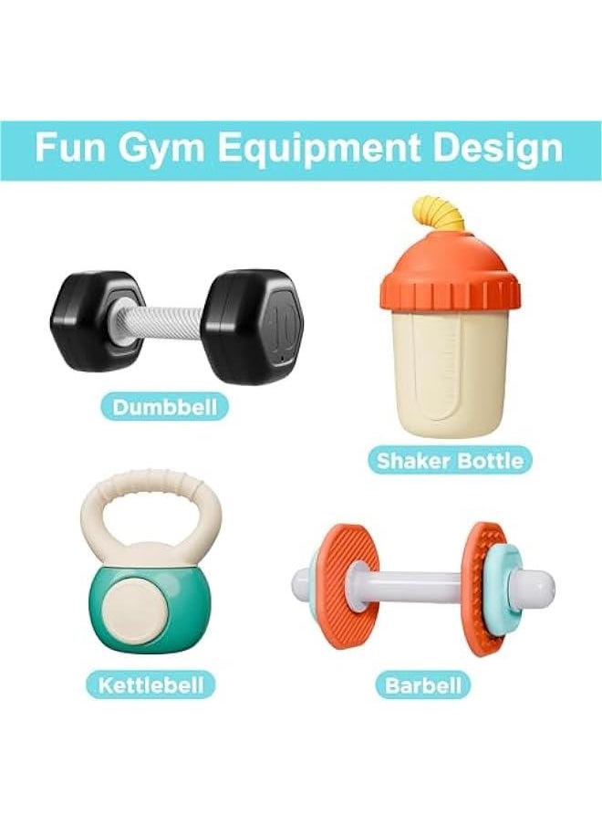 Baby First Gym Rattle Set, Infant Dumbbell Weights Teething Rattles 3-6-12 Month, Newborn Workout Sensory Stroller Toy, Babies Birthday Shower Gift 5 7 8 9 10 Month Toddler Boy Girl-4PCS
