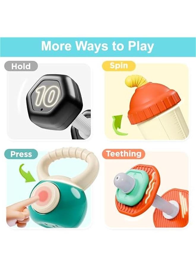 Baby First Gym Rattle Set, Infant Dumbbell Weights Teething Rattles 3-6-12 Month, Newborn Workout Sensory Stroller Toy, Babies Birthday Shower Gift 5 7 8 9 10 Month Toddler Boy Girl-4PCS