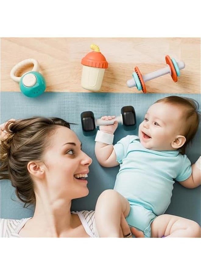 Baby First Gym Rattle Set, Infant Dumbbell Weights Teething Rattles 3-6-12 Month, Newborn Workout Sensory Stroller Toy, Babies Birthday Shower Gift 5 7 8 9 10 Month Toddler Boy Girl-4PCS