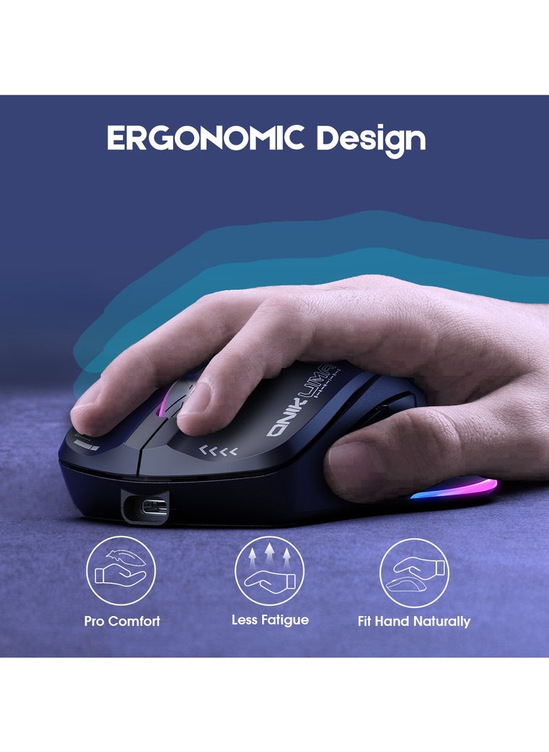 Gaming Mouse, Wired/Wireless/Bluetooth Tri-Mode, Laptop Wireless Mouse, Portable Type-C Rechargeable 4800 DPI Mouse with 7 RGB Lighting Modes