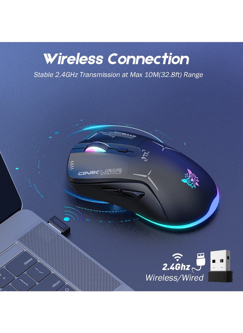 Gaming Mouse, Wired/Wireless/Bluetooth Tri-Mode, Laptop Wireless Mouse, Portable Type-C Rechargeable 4800 DPI Mouse with 7 RGB Lighting Modes