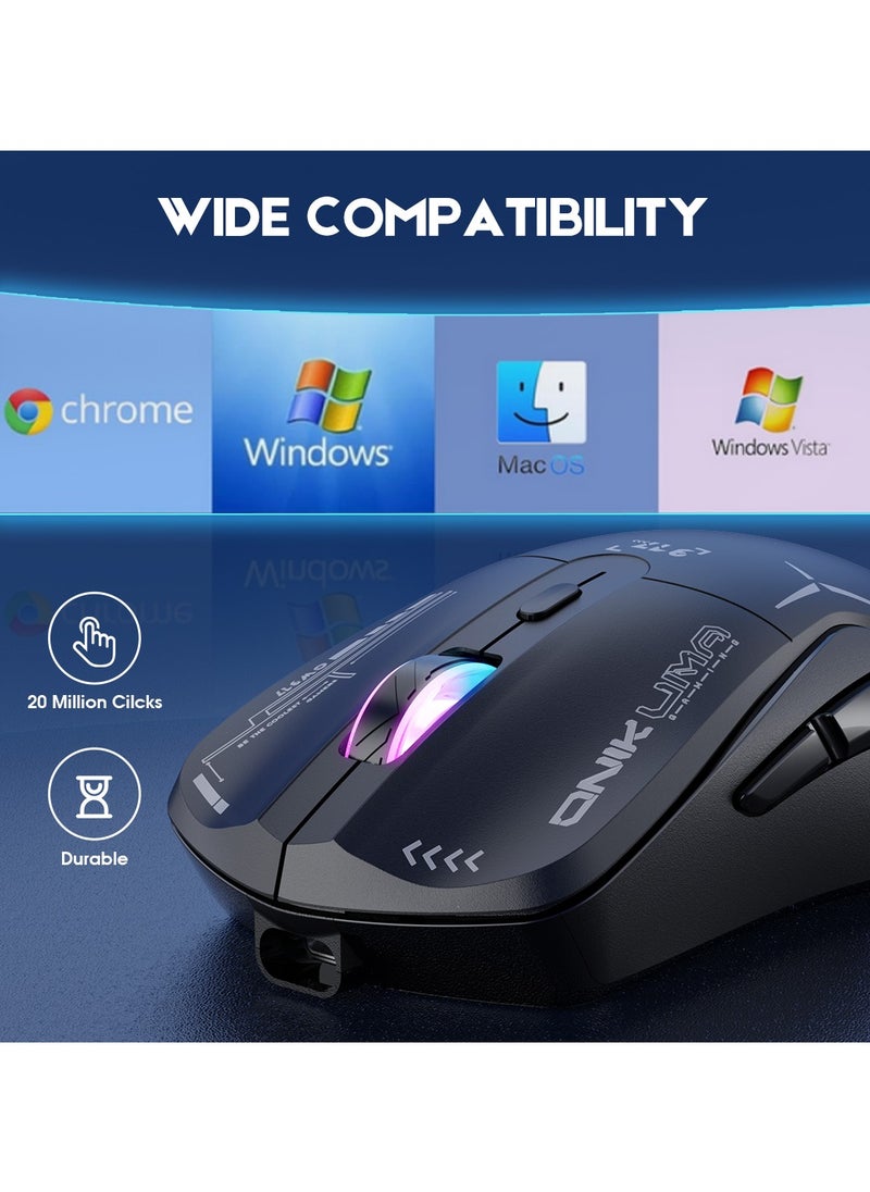 Gaming Mouse, Wired/Wireless/Bluetooth Tri-Mode, Laptop Wireless Mouse, Portable Type-C Rechargeable 4800 DPI Mouse with 7 RGB Lighting Modes