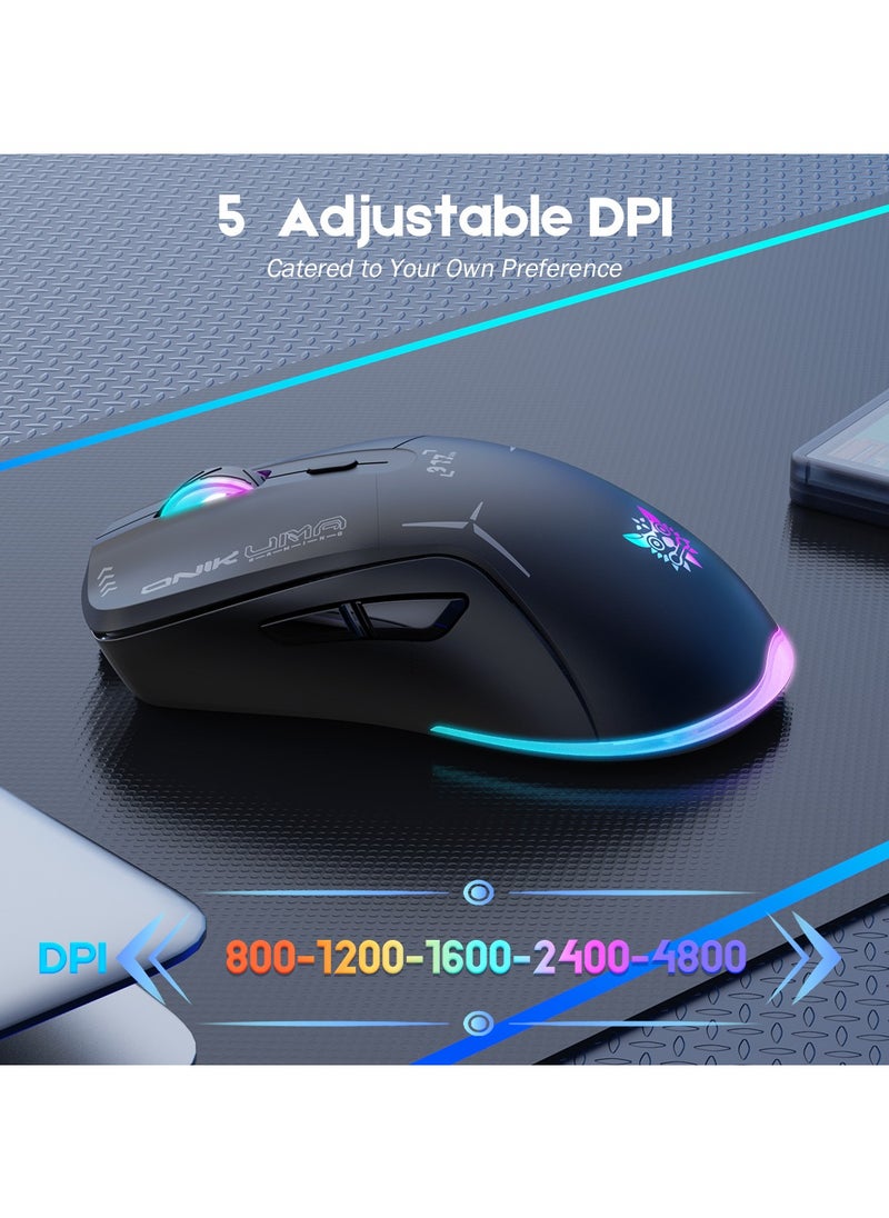 Gaming Mouse, Wired/Wireless/Bluetooth Tri-Mode, Laptop Wireless Mouse, Portable Type-C Rechargeable 4800 DPI Mouse with 7 RGB Lighting Modes