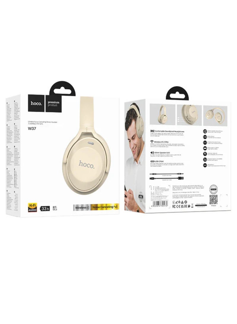 W37 Active Noise Cancelling Headphones – Wireless Over-Ear Bluetooth, 33H Playtime, 2H Fast Charge, AUX Input & Charging Cable Included