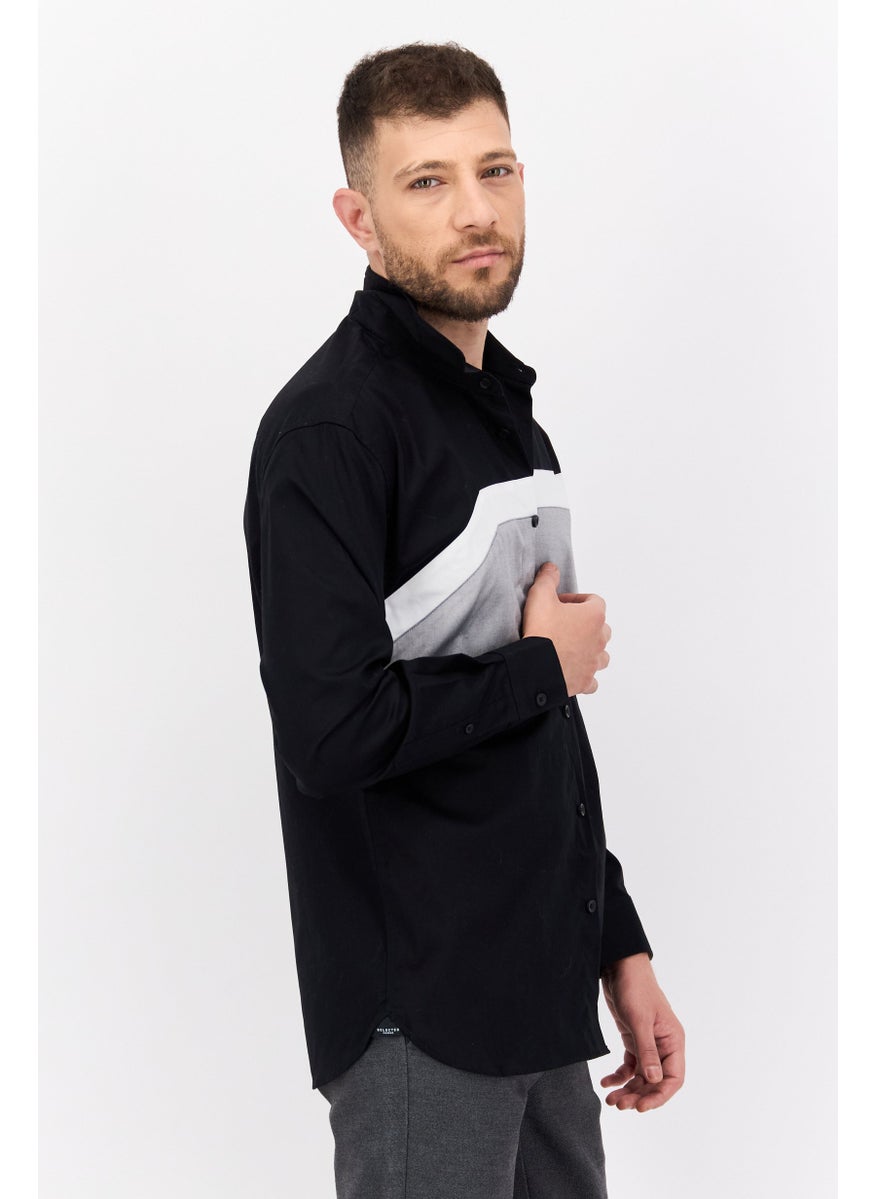Men Regular Fit Colorblock Long Sleeves Casual Shirt, Black/Grey/White