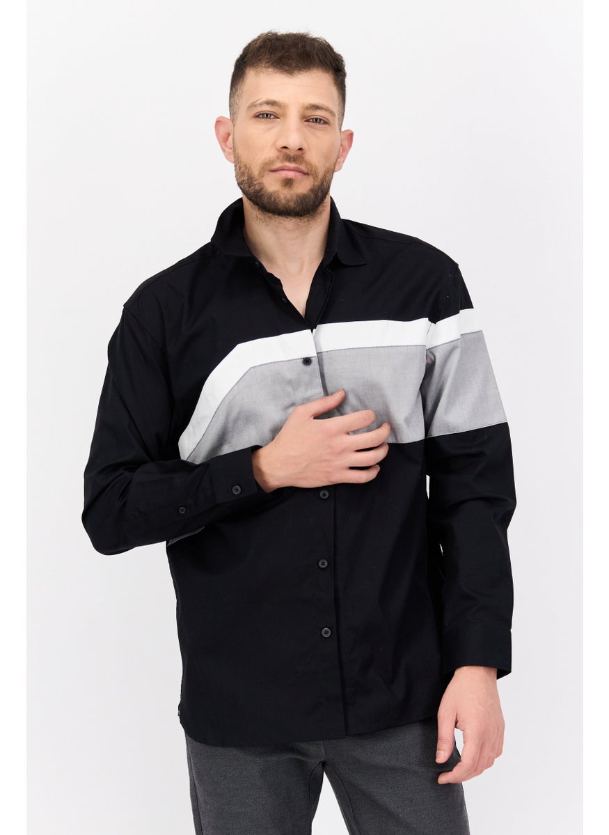 Men Regular Fit Colorblock Long Sleeves Casual Shirt, Black/Grey/White