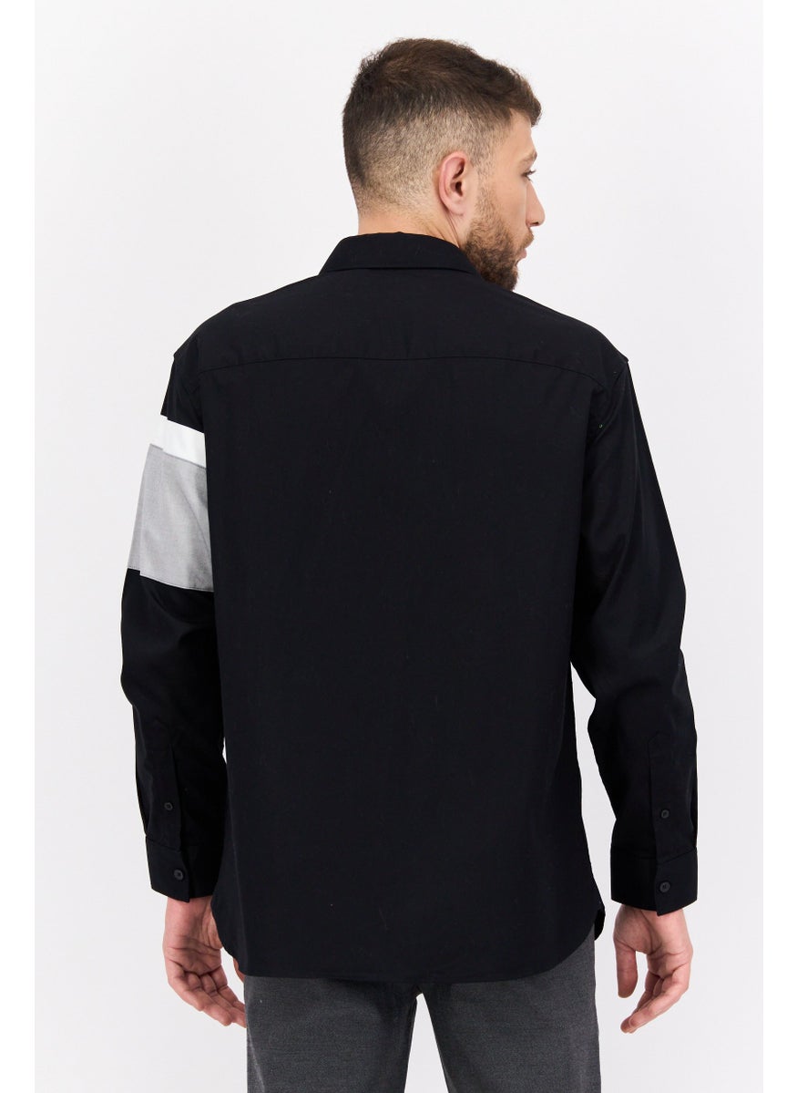 Men Regular Fit Colorblock Long Sleeves Casual Shirt, Black/Grey/White