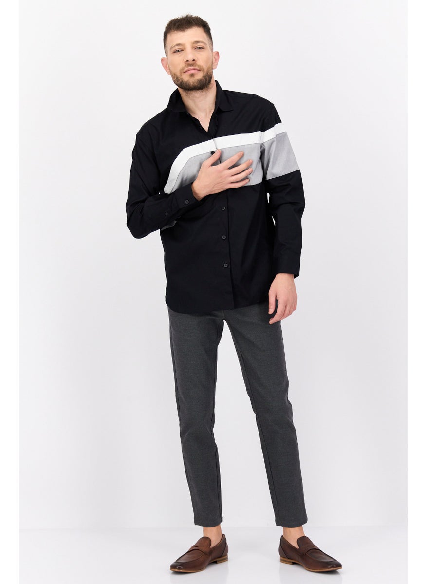 Men Regular Fit Colorblock Long Sleeves Casual Shirt, Black/Grey/White