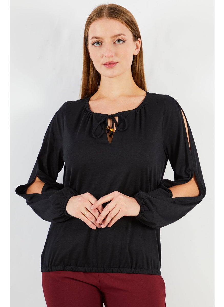 Women Tie Neck Long Sleeves Plain Blouse, Black