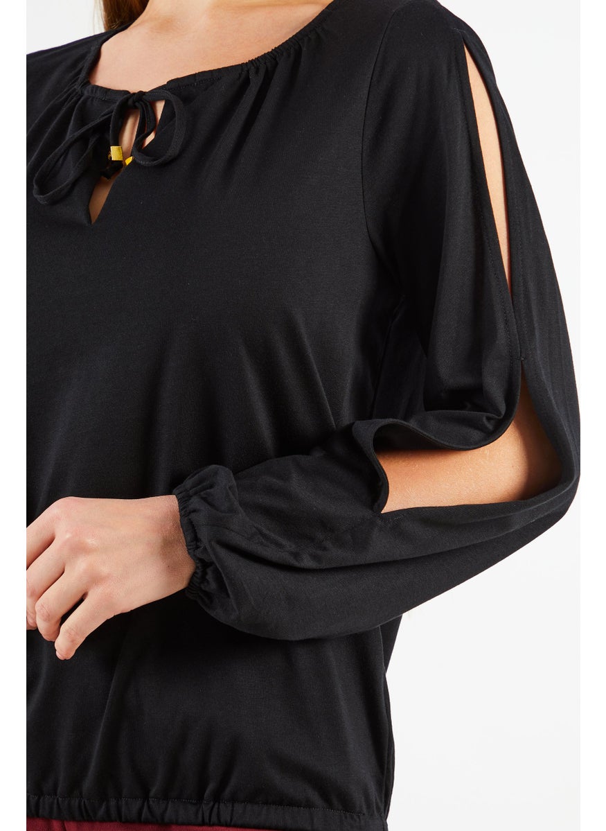 Women Tie Neck Long Sleeves Plain Blouse, Black