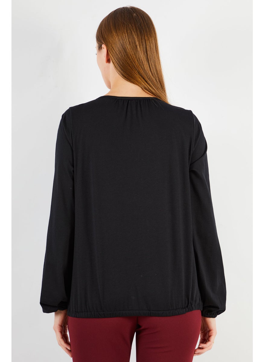 Women Tie Neck Long Sleeves Plain Blouse, Black
