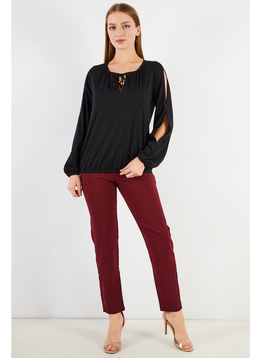 Women Tie Neck Long Sleeves Plain Blouse, Black