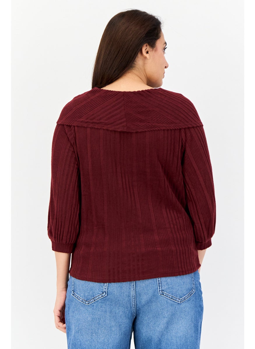 Women Turtle Neck 3/4 Sleeves Knitted Top, Maroon