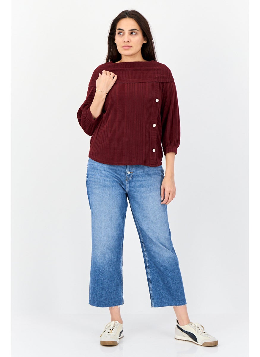 Women Turtle Neck 3/4 Sleeves Knitted Top, Maroon