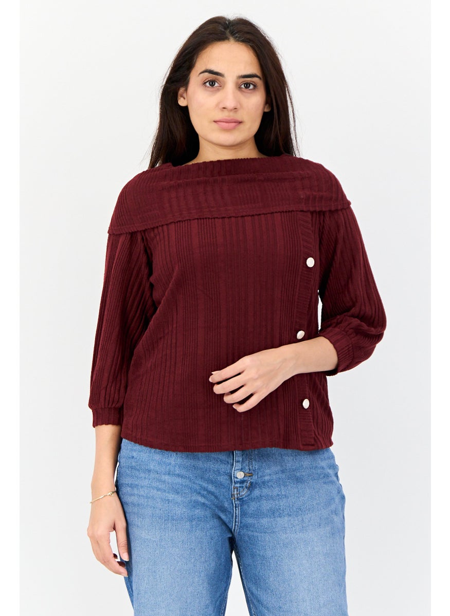 Women Turtle Neck 3/4 Sleeves Knitted Top, Maroon