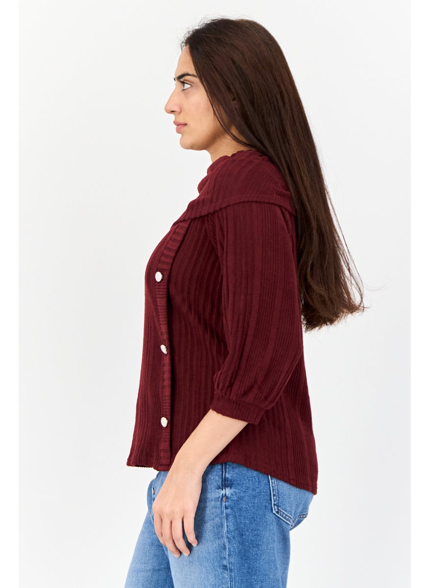 Women Turtle Neck 3/4 Sleeves Knitted Top, Maroon