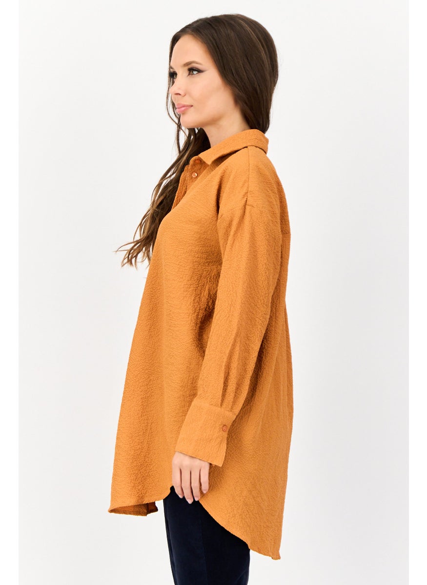 Women Spread Collar Textured Long Sleeve Shirt, Tan