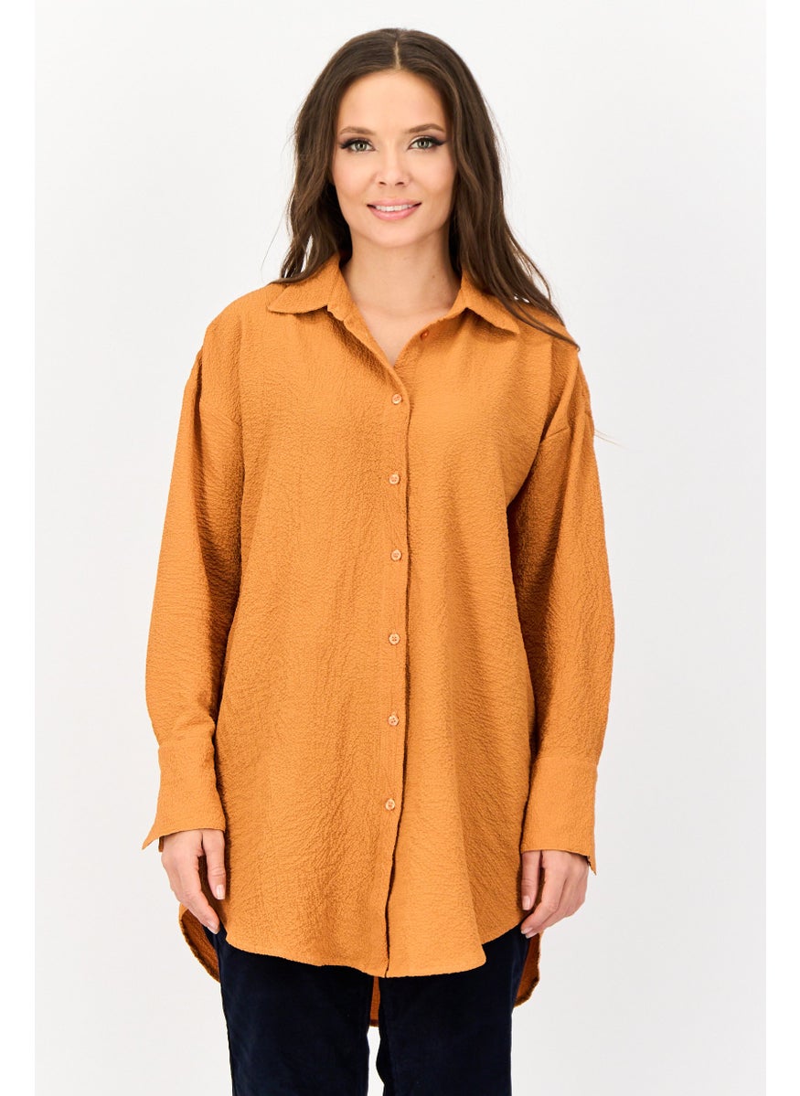 Women Spread Collar Textured Long Sleeve Shirt, Tan