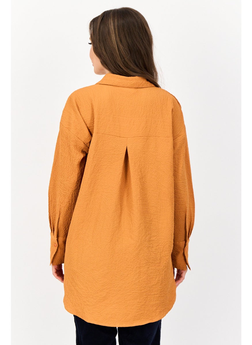 Women Spread Collar Textured Long Sleeve Shirt, Tan