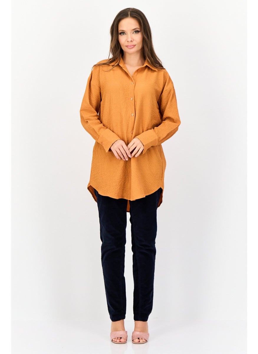 Women Spread Collar Textured Long Sleeve Shirt, Tan
