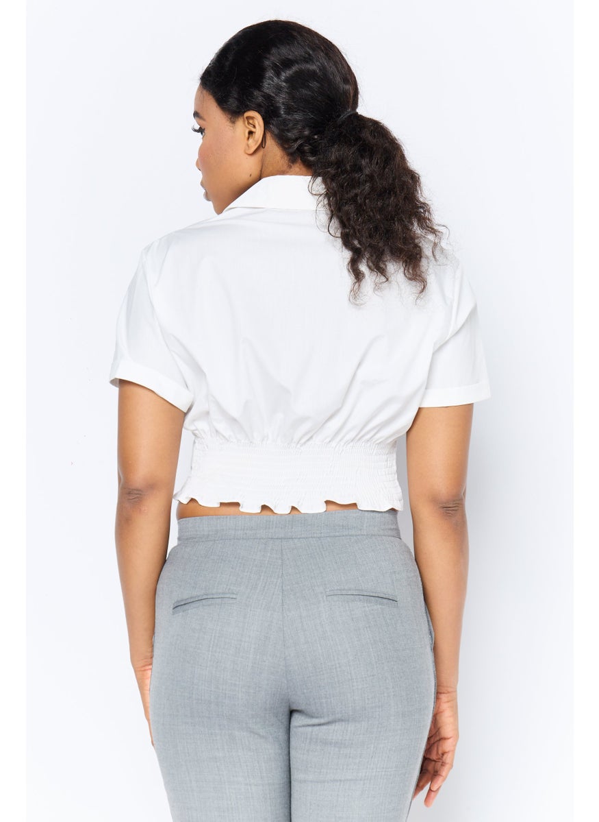 Women Spread Collar Short Sleeve Plain Blouse, White