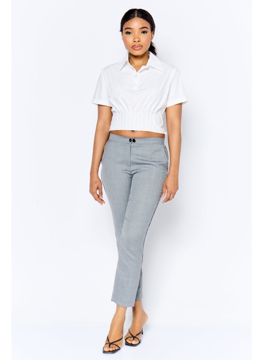 Women Spread Collar Short Sleeve Plain Blouse, White