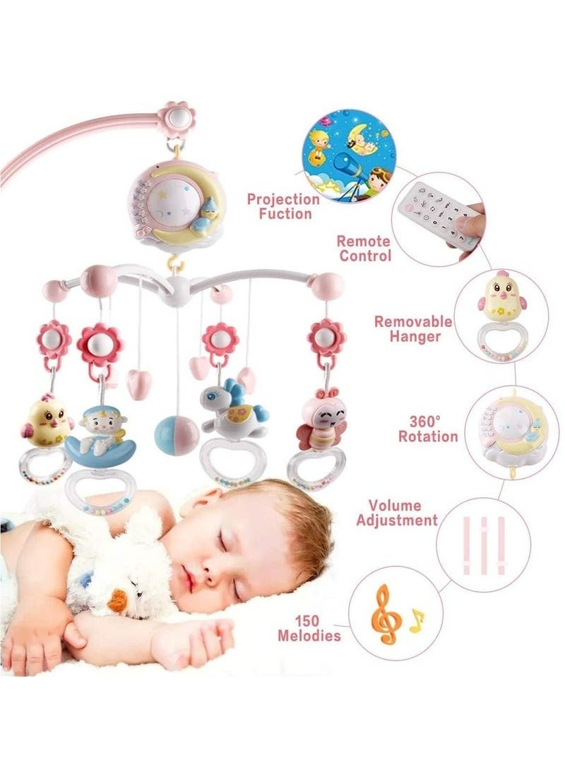 Baby Musical Crib Mobile with Projector and Night Light with Timing Function 360 Degrees Rotating Rattles Infants Crib Hanging Toys Take Along Mobile Music Box and Rattle Newborn Baby Gift