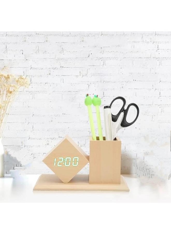 Wooden Pen Holder Digital Led Clock With Alarm and Temperature