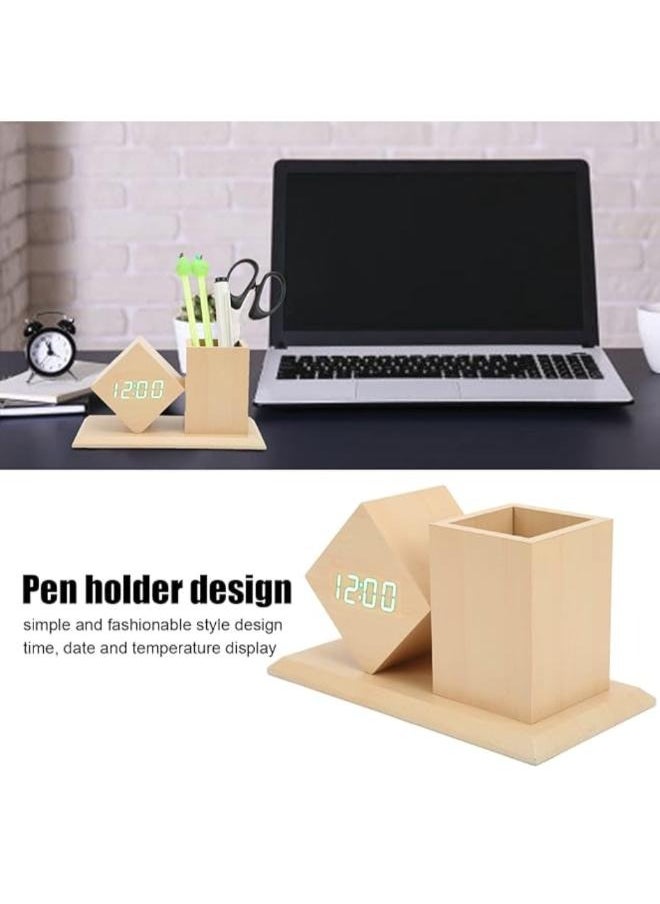 Wooden Pen Holder Digital Led Clock With Alarm and Temperature