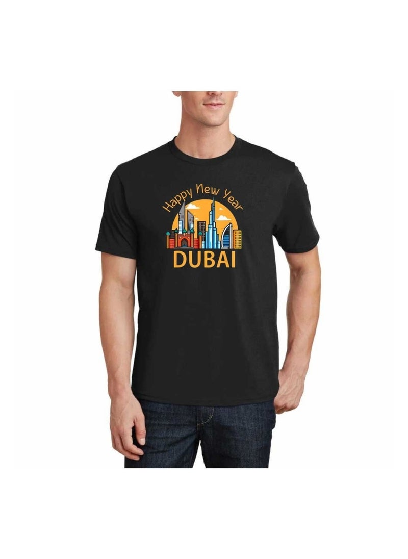 Happy New Year Dubai Adult Mens T-Shirt Round Neck Short Sleeve Cotton T-Shirt-Happy New Year With Dubai Design-Perfect For New Year Party Celebration