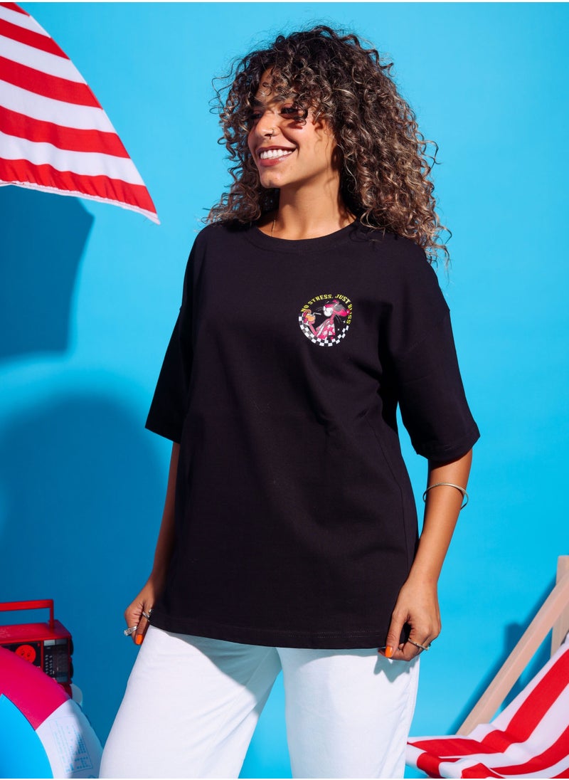 Spread positivity and good vibes with our Pink Panther Black Oversized T-shirt with ‘No Stress Just Bliss’ Statement. Made from soft and breathable Cotton, designed to keep you feeling relaxed and carefree while reminding you to prioritize your well-being. Perfect for casual outings, lounging at home, or simply enjoying the sunny weather.