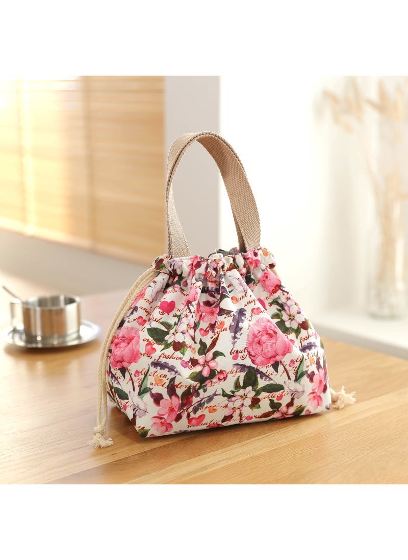 Large Capacity Lunch Bag Drawstring Insulated Beige Flower Drawstring Lunch Box Bag