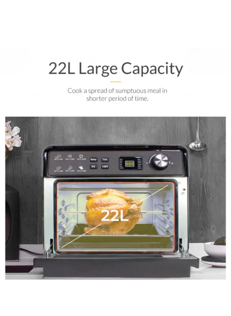 22L Digital Air Fryer Oven with Rotisserie & Dehydrator, 1700W Large Capacity Toaster Oven, 10-in-1 Functions – Bake, Grill, Roast, Pizza, Includes Accessories & Recipe Book
