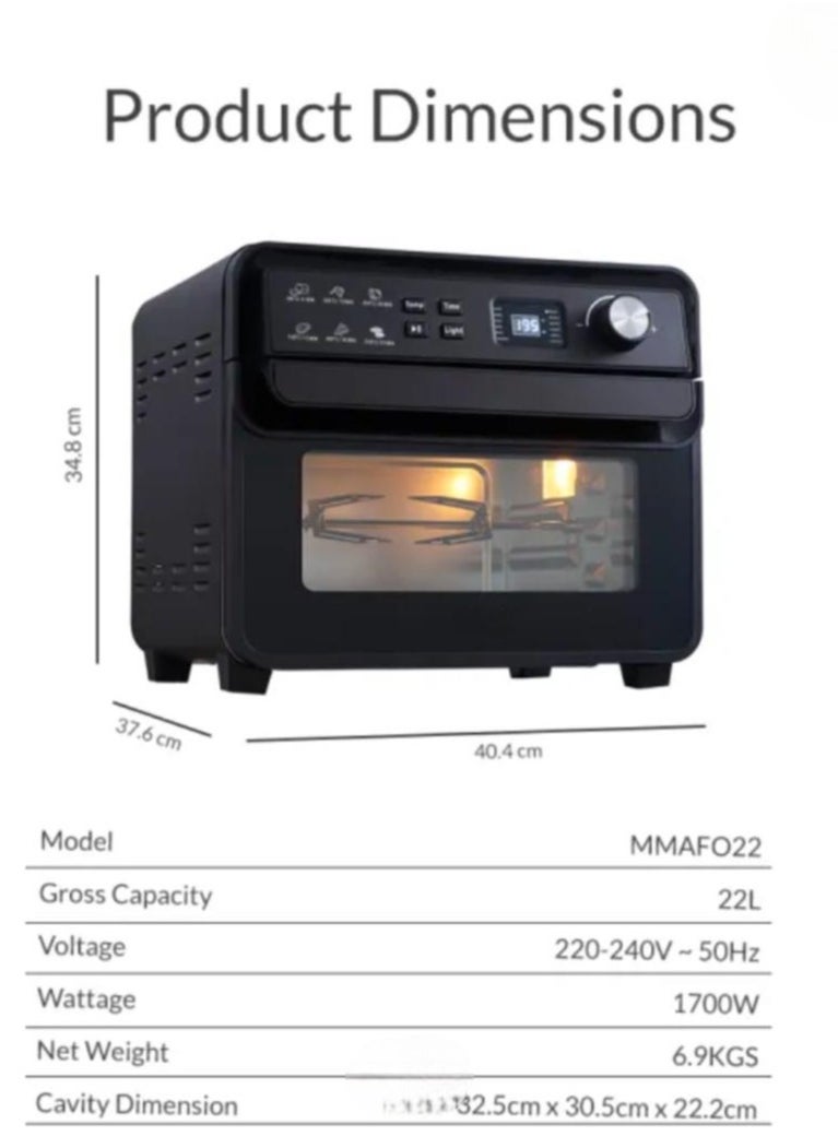 22L Digital Air Fryer Oven with Rotisserie & Dehydrator, 1700W Large Capacity Toaster Oven, 10-in-1 Functions – Bake, Grill, Roast, Pizza, Includes Accessories & Recipe Book