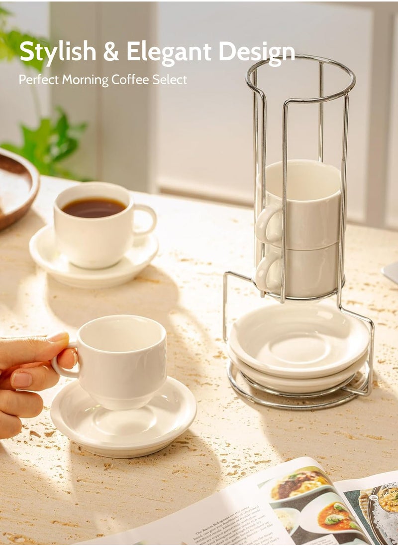 2.5 Ounce Porcelain Stackable Espresso Cups with Saucers and Metal Stand Set of 4, White