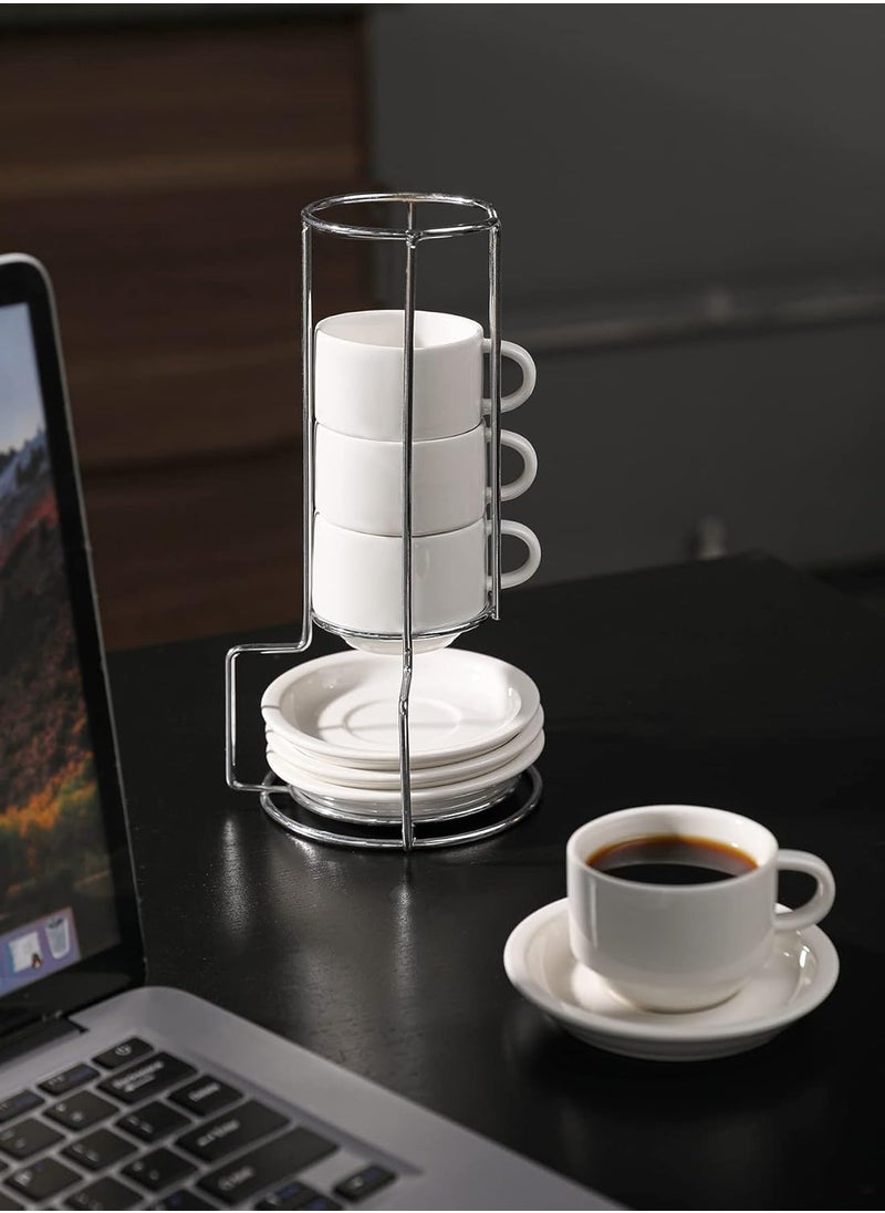 2.5 Ounce Porcelain Stackable Espresso Cups with Saucers and Metal Stand Set of 4, White